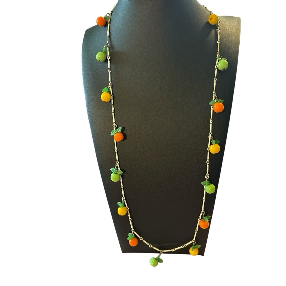 Vintage Tutti Frutti Necklace Fruit Salad White Enamel Long Colorful Fun READ